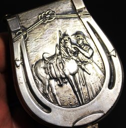 Victorian Silver Plate And Leather Change Purse W Mirror Woman With Horse Horseshoe