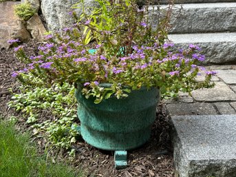 A Large Glazed Ceramic Planter With Separate Feet & A Thriving Plant