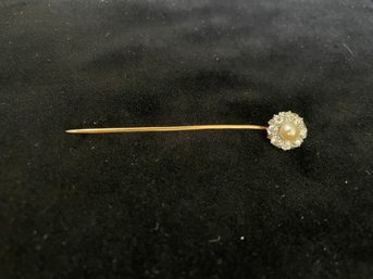 Stunning 14K Gold Stick Pin With Mine Cut Diamonds And Pearl