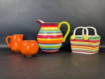 A Grouping Of Colorful Ceramics: Pitcher, Planter & Sugar/Creamer