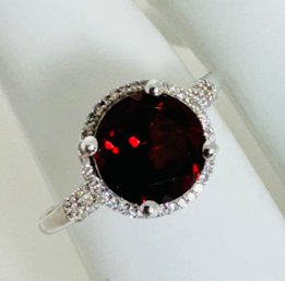 SIGNED BW 14K WHITE GOLD GARNET DIAMOND HALO RING