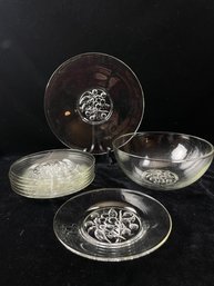 Pressed Glass Dishware Set With Fruit Motif - 7 Dishes, Bowl And Server