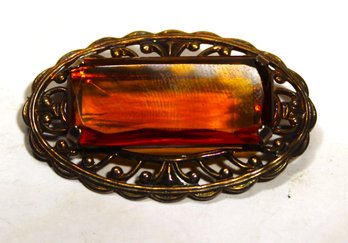 Fancy Gold Over Sterling Silver Oval Brooch W Large Amber Glass Stone Vintage