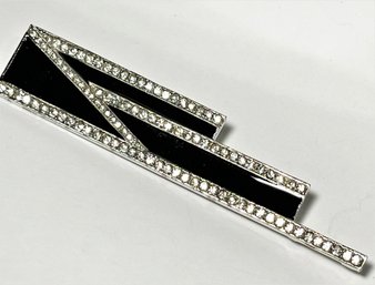 Large Art Deco Style Silver Tone Black Enamel Rhinestone Brooch