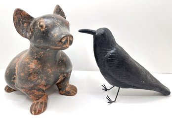Vintage Cast Iron Raven & Vintage Mexican Colima Ceramic Dog