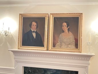 Beautiful Pair Of Antique Early American Oil On Canvas Portraits Of Man And Woman, Well Painted, Unsigned