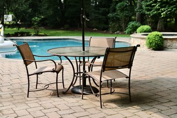 Set Of 3 Brown Jordan Roma Sling Scrolled Armchairs With Matching Round Pebble Glass Table