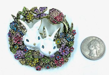 Large Rhinestone Encrusted Easter Bunny Floral Brooch