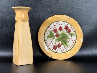 A Decorative Raspberry-Themed Ceramic Plate & Compatible Vase