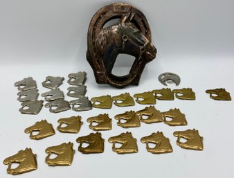 Metal Horse Lot ~ Horseshoe With Horse Head & 27 Metal Horse Heads ~ (T)