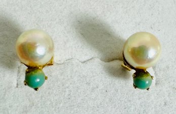 Vintage 14k Gold Pearl And Turquoise Stud Earrings