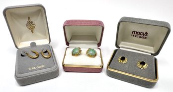 3 Pairs New In Box 14K Gold Earrings, 1 With Jade Stones, 1 With Amethyst