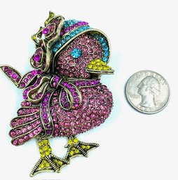 Huge Rhinestone Encrusted Easter Bonnet Chick Brooch