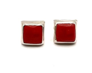 Vintage Sterling Silver Red Agate Stone Square Earrings