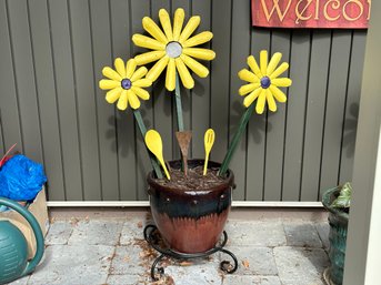 A Handsome Planter In Glazed Ceramic With Wooden Blooms #1