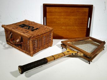 A Fortnum & Mason Picnic Hamper, Vintage Tennis Racket, And Serving Tray