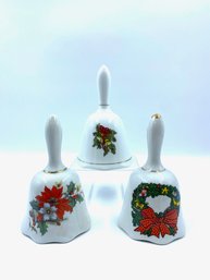 Trio Of White Porcelain Christmas Bells W/ Gold Detial