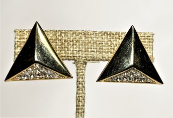 1980s Gold Tone Pyramid Formed Rhinestone Ear Clips Earrings