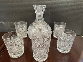 Collection Of 6 Vintage Pieces Of Cut Glass One Decanter 8 1/2' Tall And 5 Tumblers 3 3/4' Tall