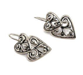 Vintage Sterling Silver Intricate Double Heart Dangle Earrings