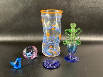 A Selection Of Colorful Art Glass: Candlestick, Suncatcher, Paperweight & More