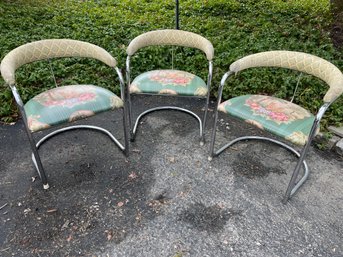 Set Of Three Tubular Chrome Framed Chairs Covered In Polished Cotton