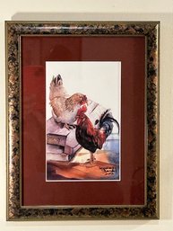 Watercolor Of Barnyard Chickens By Lopez Baylor