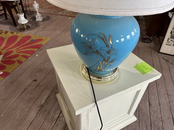 Blue Glass Ginger Jar Lamp With Gold Flowers