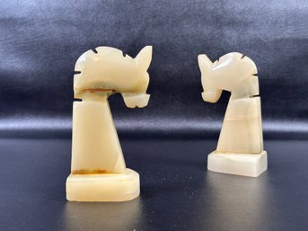 A Pair Of Vintage Donkey Bookends In Hand-Carved Natural Onyx