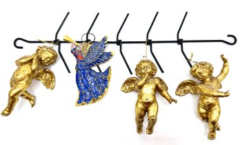 4 Gilded Angel & Cherub Christmas Ornaments On Iron Hanger