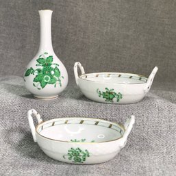 Three (3) Very Pretty Pieces Vintage HEREND Porcelain - Green Chinese Bouquet Porcelain - All Perfect !