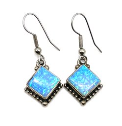 Vintage Sterling Silver Ornate Blue Fire Opal Color Dangle Earrings