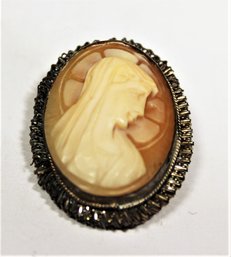 Vintage .800 Silver Italian Carved Shell Cameo Of Virgin Mary