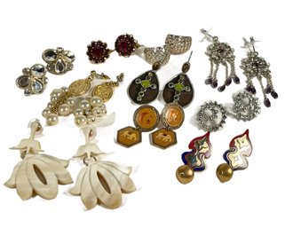 Lot 10 Fine Pair Pierced Earrings, Enamel, Horn, Rhinestone, Etc.