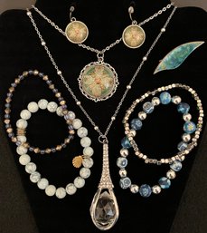 Vintage Jewelry Lot 1 - Silver Tone - Blue Green - Crystal - Celtic Knot - Necklaces Bracelets Earrings Pin