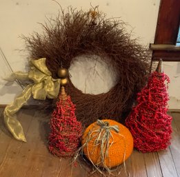 4 Pc Holiday Lot ~ 2 Trees, Wicker Pumpkin & Wreath ~