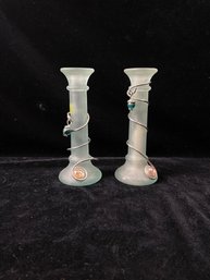 Pair Of Nouveau Style Candlestick Holders With Metal Braiding Around Them