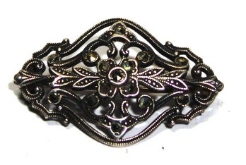 Fine Sterling Silver And Marcasite Brooch Floral Motif