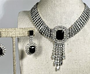 Vintage White And Black Rhinestone Necklace And Matching Pierced Earrings 1980s