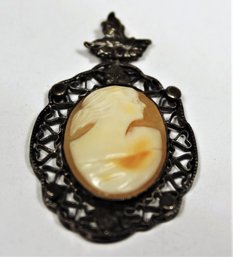 Fine Vintage Sterling Silver Pendant Having Carved Shell Cameo Of A Woman