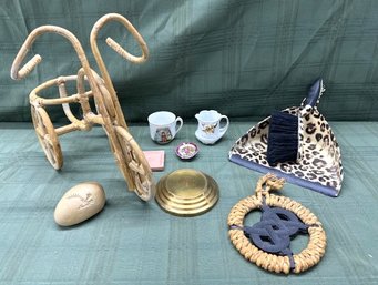 Assorted Decorative Items Lot, Including Rattan Bicycle Plant Holder, Dustpan And Brush, And More