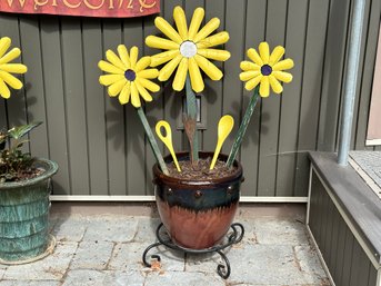 A Handsome Planter In Glazed Ceramic With Wooden Blooms #2