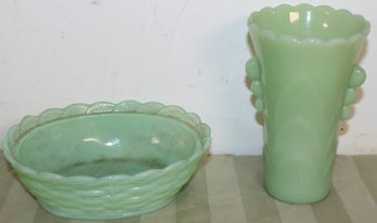 Jadeite  Vase And Candy Glass Basket