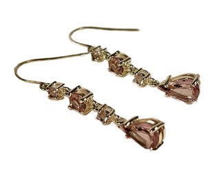 Pair Sterling Silver Drop Earrings W Pink Stones