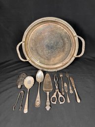 Silver Plate Tray And Assorted 10 Piece Serving Utensils