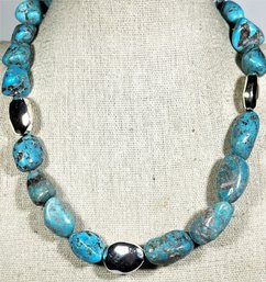 Genuine Turquoise And Sterling Silver Beaded Necklace