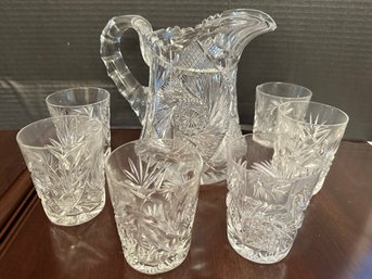 Collection Of 7 Vintage Pieces Of Cut Glass One Pitcher 8' Tall And 6 Tumblers 3 3/4' Tall