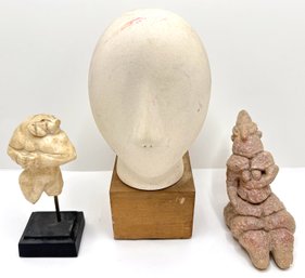 3 Hand Carved Stone Statuettes: Greek Cycladic Head, Israeli Mother Goddess & Iranian The Guennol Lioness