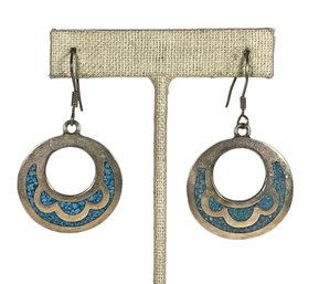 Pair Vintage Signed Mexican Heavy Turquoise Inlay Earrings