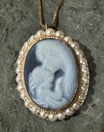 Beautiful Antique 14K Signed Blue Agate Cameo ~ Madonna With Baby ~ Pearls Brooch Necklace With 14K Chain